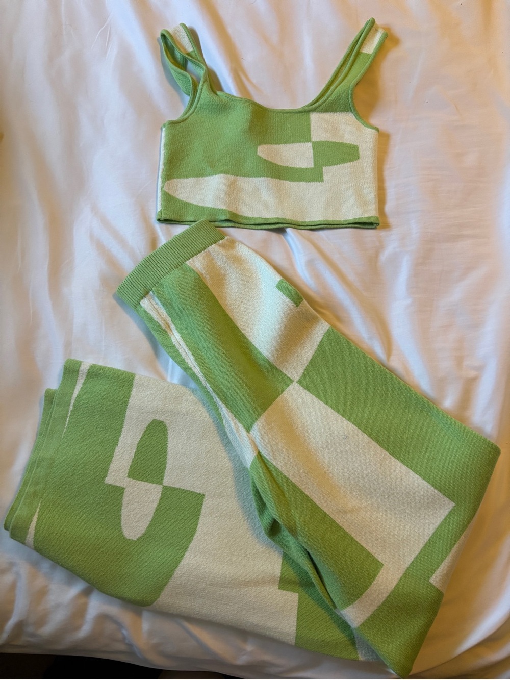 Princess Polly Green & Cream Knit Crop Top & Pant Set